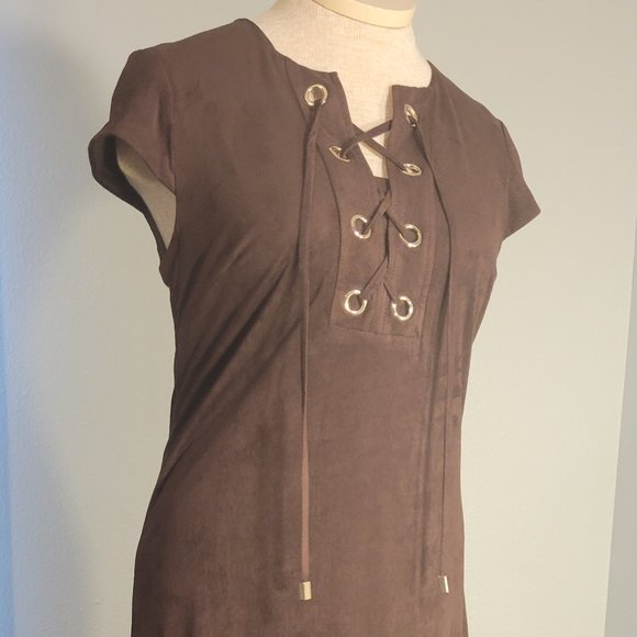 SANDRA DARREN WOMENS BROWN SHORT SLEEVE VEGAN VELVET LACE NECK DRESS - Picture 4 of 13